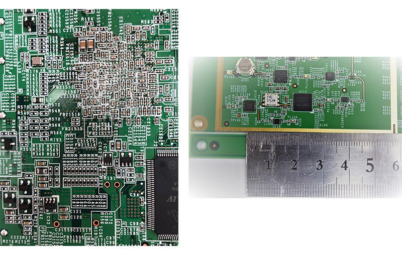 左：高密度実装の基板　右：部分拡大のサンプル画像