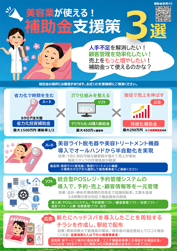 美容業向け補助金支援策チラシ。美容機器導入や予約管理システム、広告活用による集客強化事例を紹介